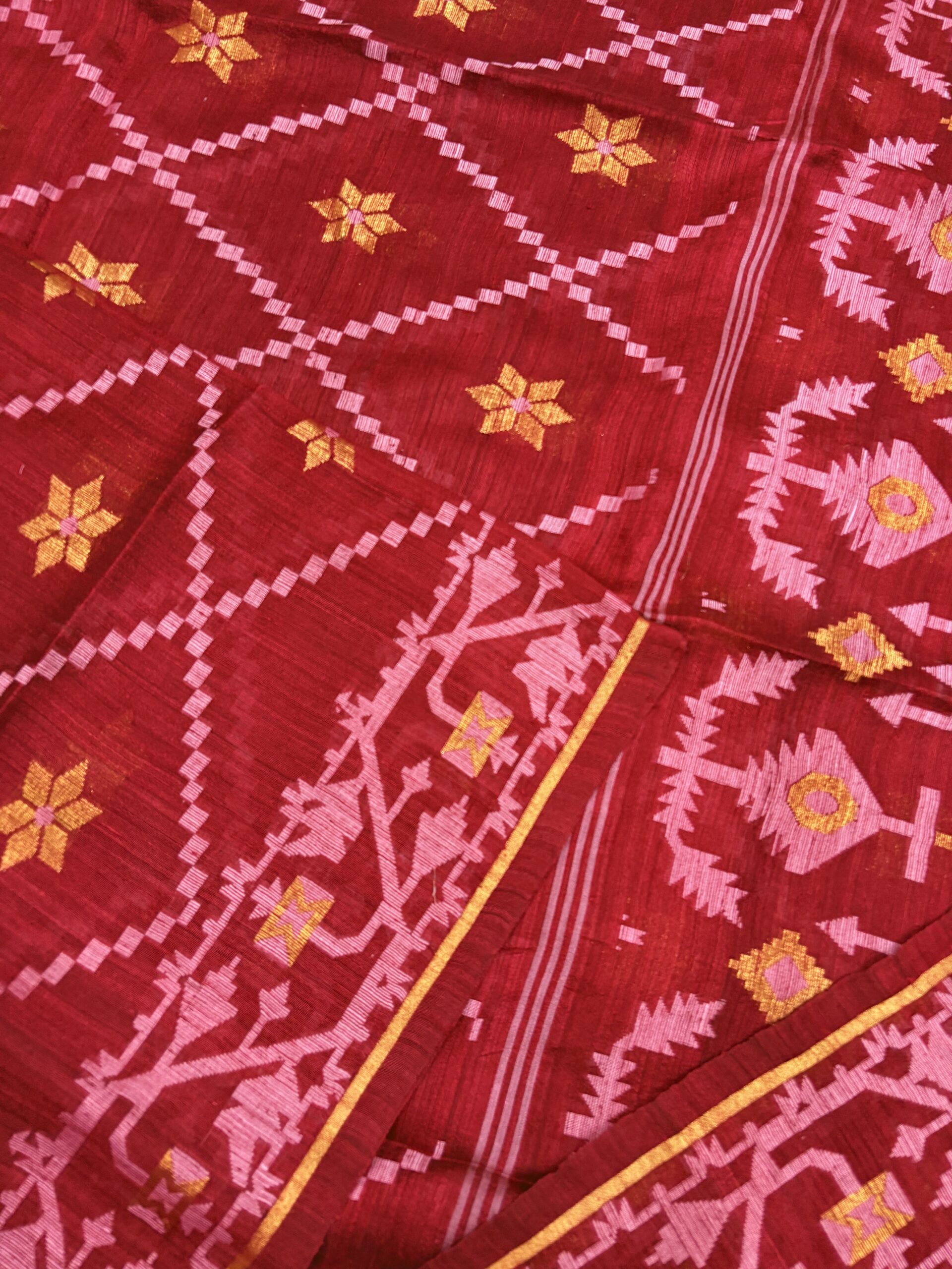 Red Pure Resham Matka Handloom Allover Jamdani Saree - Image 3