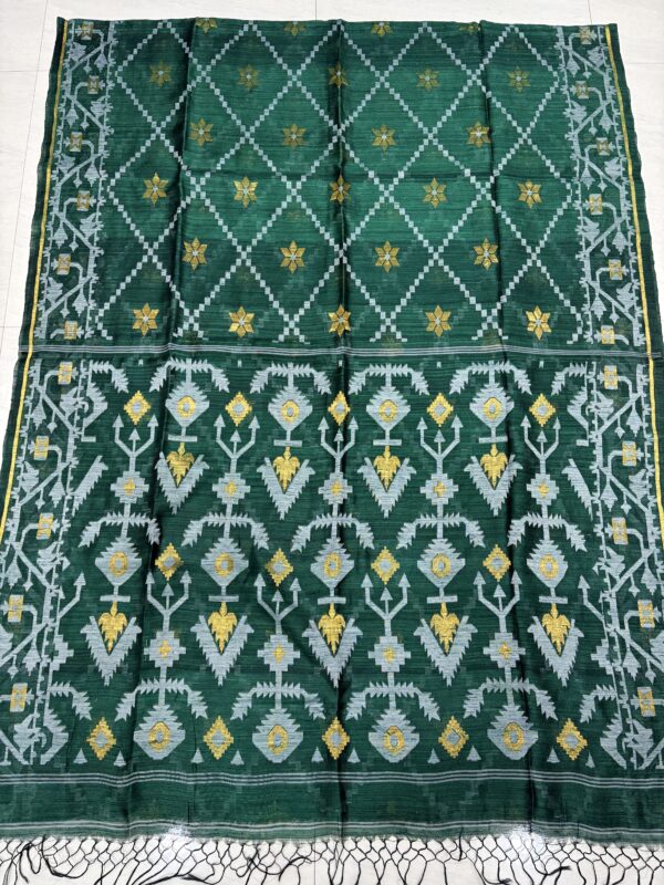 Bottle Green Pure Resham Matka Handloom Allover Jamdani Saree